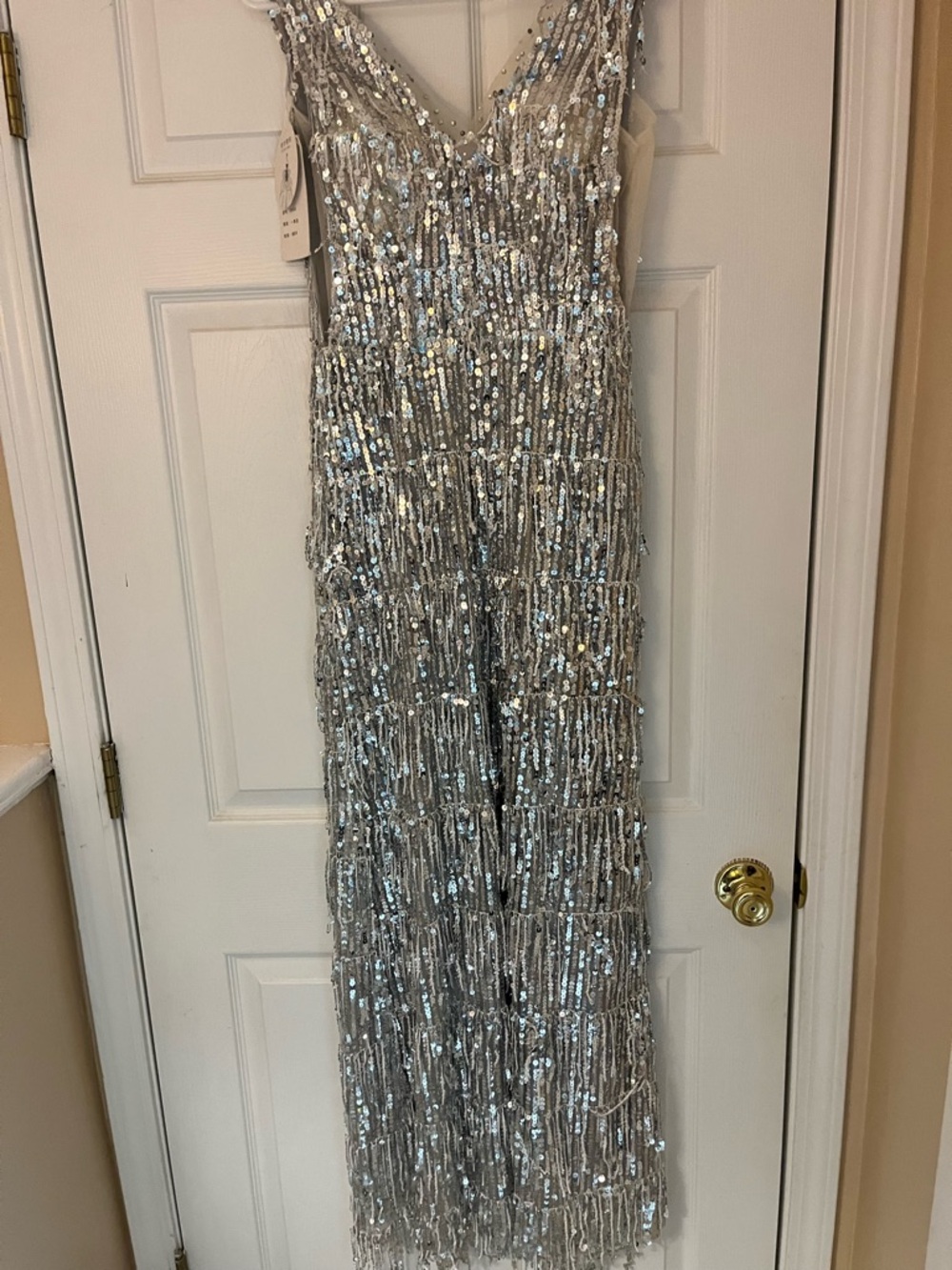 Silver Sequin V-Neck Evening Dress